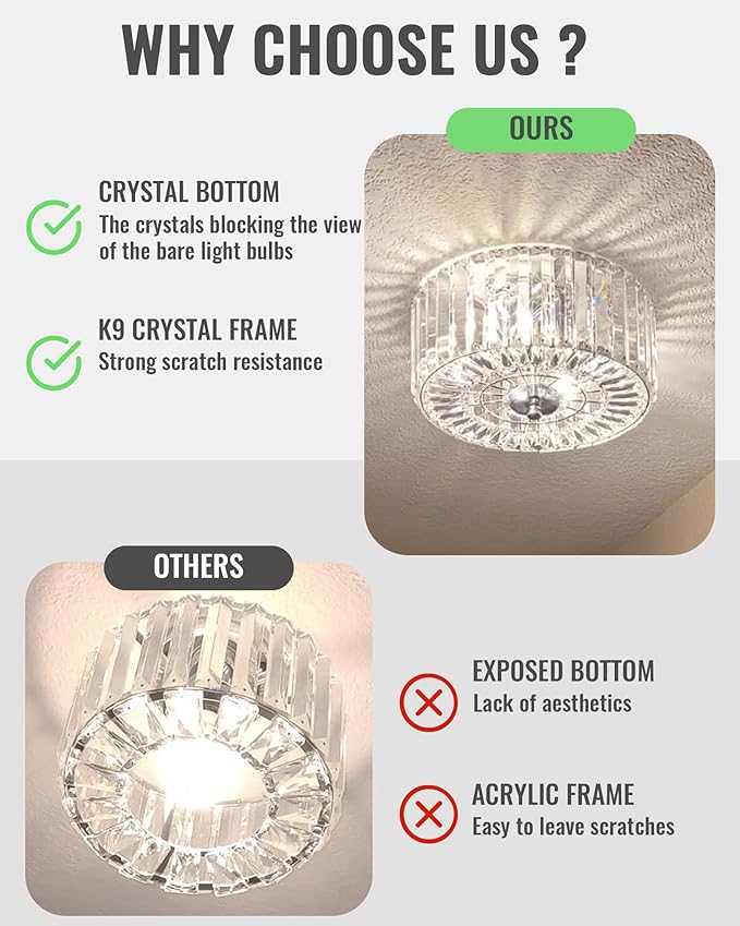 11.8" Crystal Round Flush Mount Modern Close to Ceiling Light Fixture, Chrome Ceiling Lights 2-Light Hallway Light Fixtures, Crystal Ceiling Lamp for Kitchen Bathroom Entryway, XDD007-2-CH