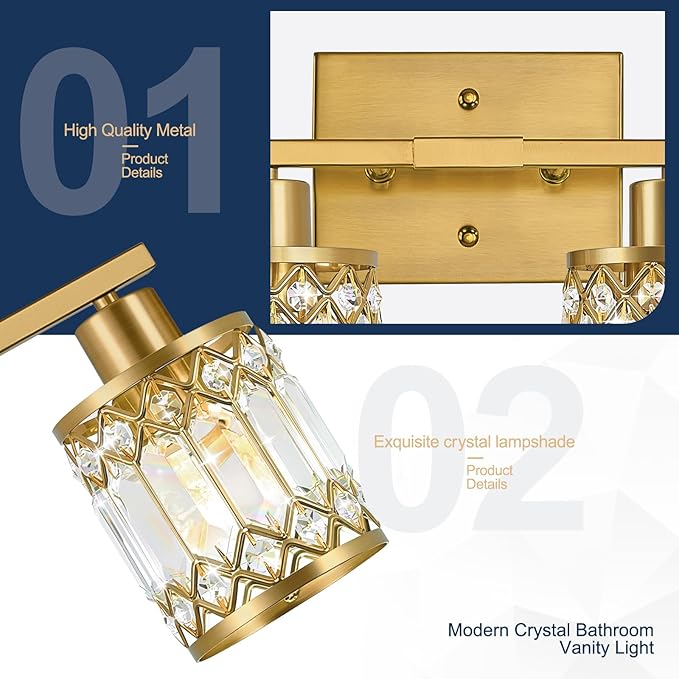 Crystal Modern Bathroom Light Fixtures, 4-Light Brushed Gold Bathroom Vanity Wall Light, Vanity Lights for Mirror, Restroom, Bedroom (E26 Socket, Bulbs Not Included)