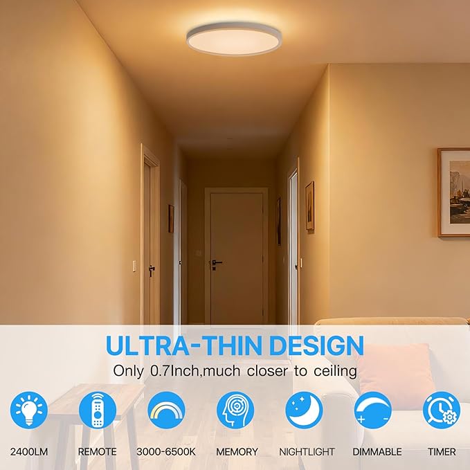 Dimmable LED Flush Mount Ceiling Light Fixture with Remote Control, 24W 2400LM, 12Inch, 2000K Warm Night Light & 3000K-6500K, Modern Super Slim Ceiling Lamp for Bedroom Kitchen, White, 1 Pack