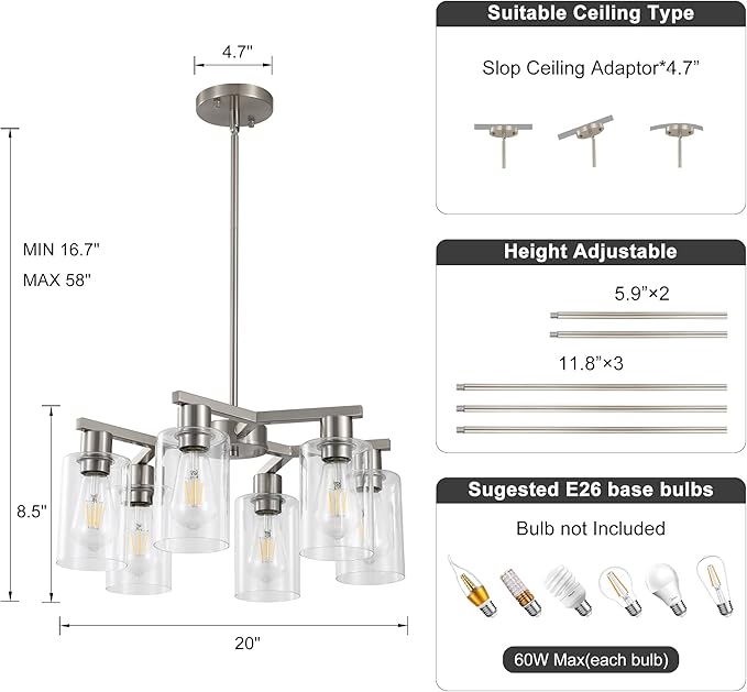 6-Light Farmhouse Brushed Nickel Chandelier,Modern Chandeliers for Dining Room Light Fixture Over Table,Adjustable Hanging Industrial Rustic Pendant Lights for Kitchen Island with Clear Glass Shade