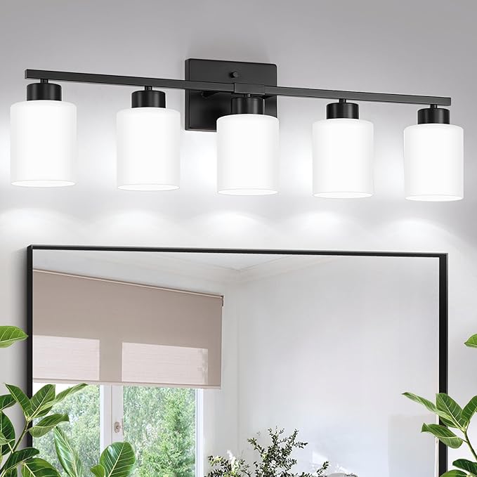 Black Bathroom Light Fixtures, 5-Light Modern Vanity Lights with Milky White Frosted Glass Shades, Wall Sconces for Mirror, Bathroom, Restroom (E26 Socket)