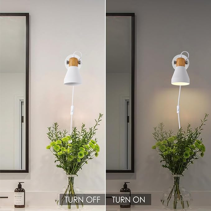 Modern Plug-in Wall Sconces - Matte White Adjustable Reading Light with Natural Wood Accent, Wall Lamp for Bedroom, Living Room, Home Office