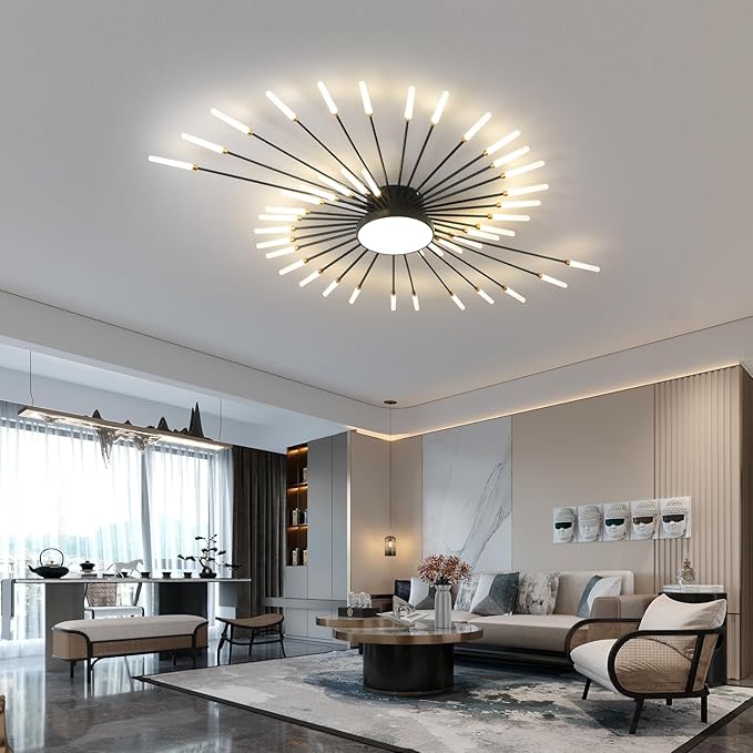 JAYMP 50.4" Ceiling Light Modern Flower Shape Ceiling Lamp for Living Room Dining Room Flush Mount Metal Acrylic Sputnik Firework Petal LED Lighting Fixture (Matte Black, 42+1 Lights)