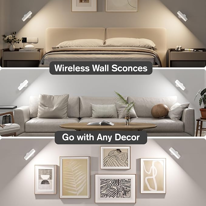 Hensam Battery Operated Wall Sconces, Wireless LED Wall Sconce Set of Two, Rechargeable Wall Lights for Living Room, 5 Colors Dimmable Wall Lamps for Bedroom, White 2 Pack