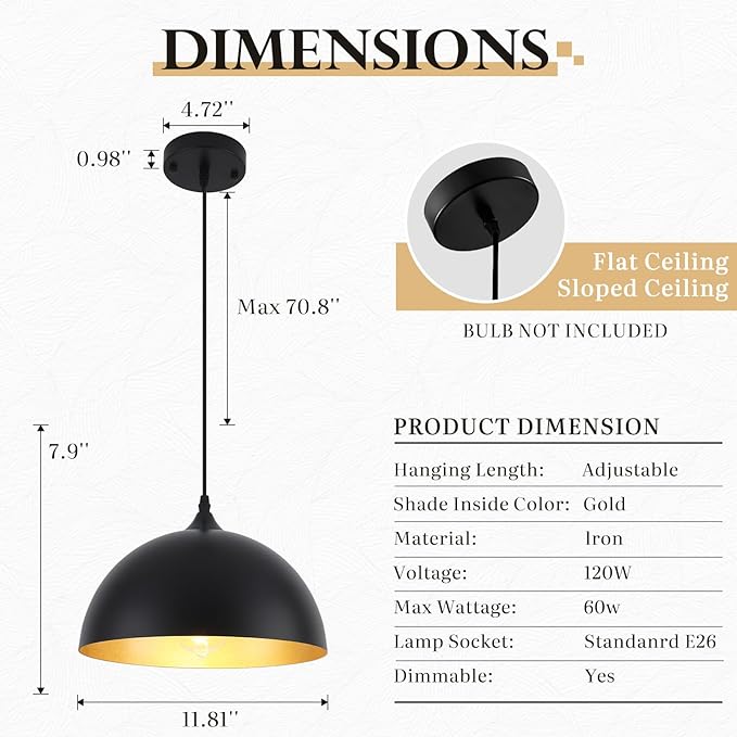 Black Pendant Light Fixtures, Pendant Island Lights for Kitchen, 11.8 inch Hanging Lights, Farmhouse Pendant Kitchen Light, Lighting Decor for Bedroom, Living Room, Dining Room (1 Pack)