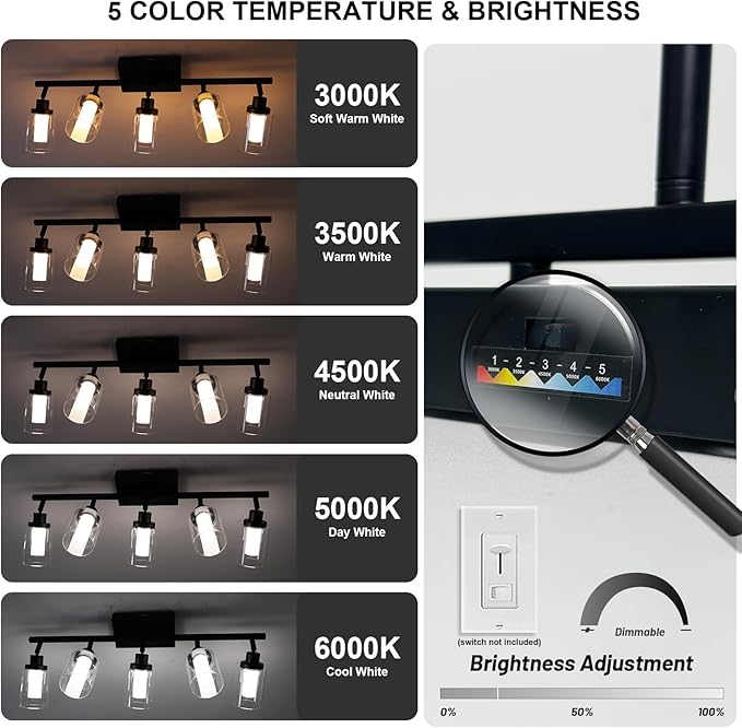 5-Light LED Black Track Light Fixtures Ceiling, 5-Color Temperature Adjustable Directional Spotlight, Bathroom Vanity Lighting with Integrated LED Chips & Clear Glass Shade & Frosted Column