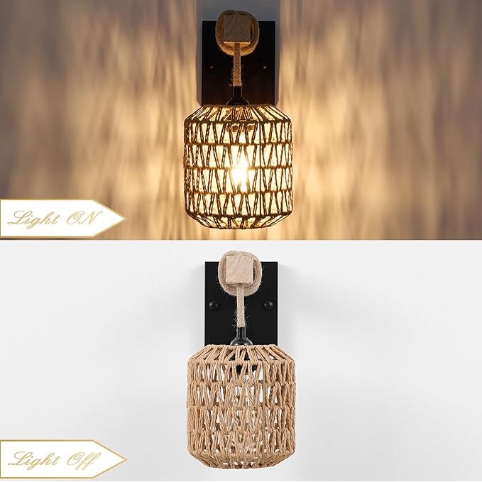 Rattan Boho Wall Sconce, Hardwired Hand-Woven Farmhouse Wall Lamps with Wooden Arm & On/Off Dimmable Switch,Large Rustic Indoor Wall Mount Light Fixtures for Bedroom Nursery Bathroom, 1 Pack