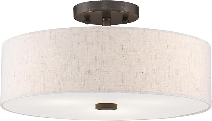 Livex Lighting 52135-92 Meridian Collection 3-Light Semi Flush Mount Ceiling Fixture with Oatmeal Color Fabric Hardback Drum Shade and Satin White Diffuser, English Bronze