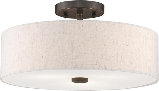 Livex Lighting 52135-92 Meridian Collection 3-Light Semi Flush Mount Ceiling Fixture with Oatmeal Color Fabric Hardback Drum Shade and Satin White Diffuser, English Bronze