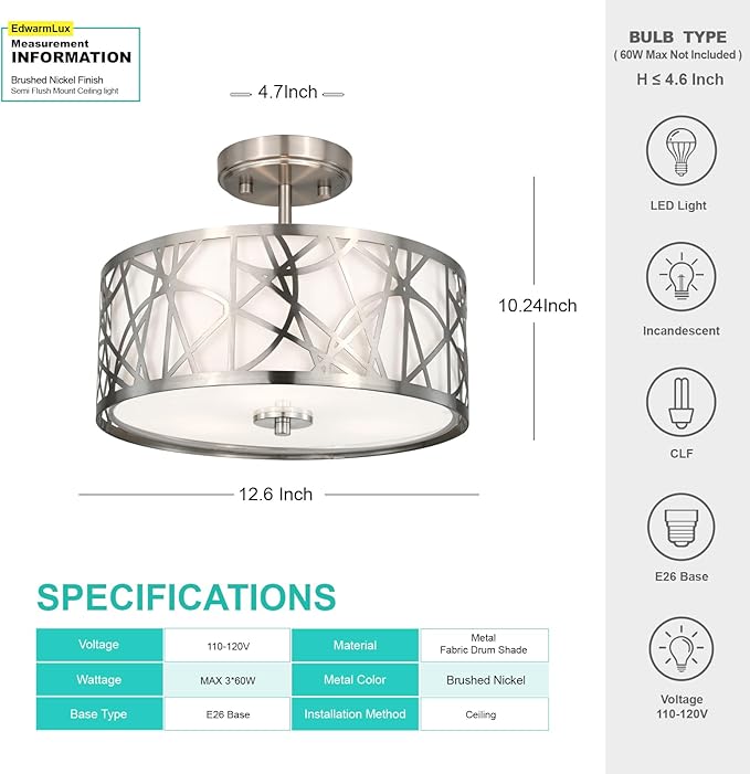 3-Light Semi Flush Mount Ceiling Light, 12.6" Drum Light with White Fabric Shade, Modern Close to Ceiling Lamp for Living Room Bedroom Dining Kitchen Hallway Entry Foyer (Brushed Nickel)