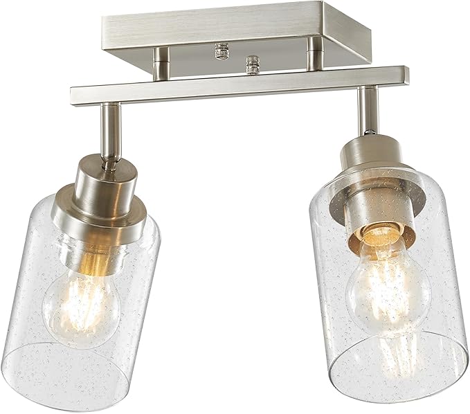 LOUSACE 2 Light Brushed Nickel Track Lighting, Kitchen Ceiling Mounted Light Fixtures Over Sink with Seeded Glass Shade, Flush Mount Wall/Ceiling Track Lighting for Kitchen Island Bathroom, E26 Base