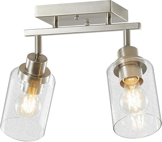 LOUSACE 2 Light Brushed Nickel Track Lighting, Kitchen Ceiling Mounted Light Fixtures Over Sink with Seeded Glass Shade, Flush Mount Wall/Ceiling Track Lighting for Kitchen Island Bathroom, E26 Base