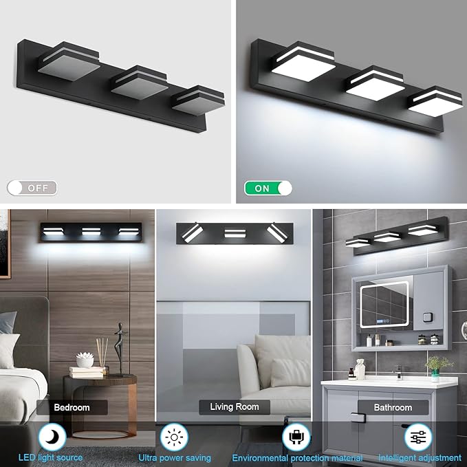 SineRise LED Modern Bathroom Vanity Light Fixtures, Dimmable Matte Black Modern Acrylic Bathroom Wall Lighting Fixtures Over Mirror (Cool White 6000K)