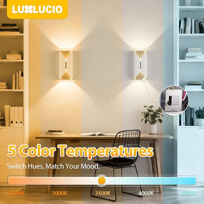 2pack White&Gold Wall Lights Modern up and Down LED Living Room Wall Light, IP65 Waterproof, 2700K-5000K 5 Color Selectable, 1200LM, 120V, CRI90+, 5-100% Dimmable, ETL FCC