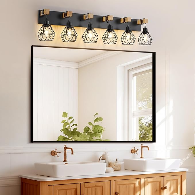 Farmhouse Vanity Light for Bathroom, 6-Light Wood Bathroom Vanity Light Fixtures Over Mirror, Rustic Sconces Wall Lighting with Metal Lampshade for Living Room, Bedroom, Hallway