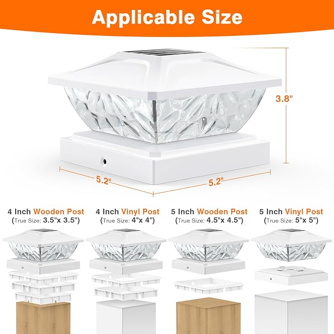Solar Post Cap Lights Outdoor, 2 Modes Bright Solar Post Lights Outdoor Waterproof Fence Post Cap Lights, Outdoor Post Lights Solar Powered Deck Light for 4x4 4.5x4.5 5x5 Posts, 2 Pack