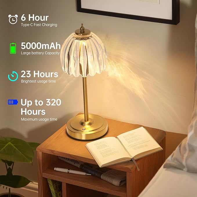 Shenmoyl Set of 2 Tulip Table Lamp with 5000mAh Battery & Touch Control, Cordless Table Lamp with 3 Colors, Dimmable Rechargeable Table Lamps for Bedroom, Living Room, Entryways (Transparent Tulip)