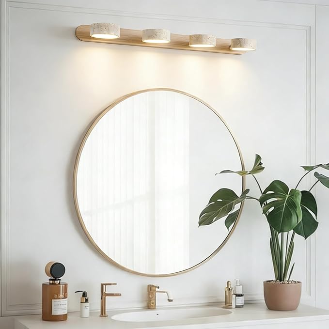 LED Bathroom Vanity Light, Travertine Stone Light Fixture, 360° Rotatable Stone Lampshades, Modern Rustic Wall Lamp for Bedroom, Living Room, Hallway (Natural Wood-4 Heads)