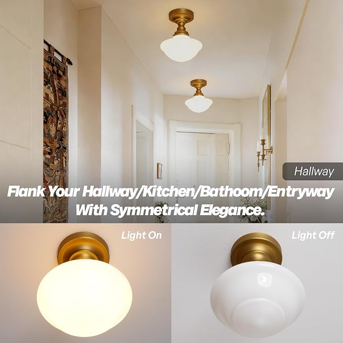 Modern Schoolhouse Semi Flush Mount Ceiling Light with Milk White Glass Lampshade, Industrial Close to Ceiling Light Fixture for Farmhouse Bedroom Hallway Entryway