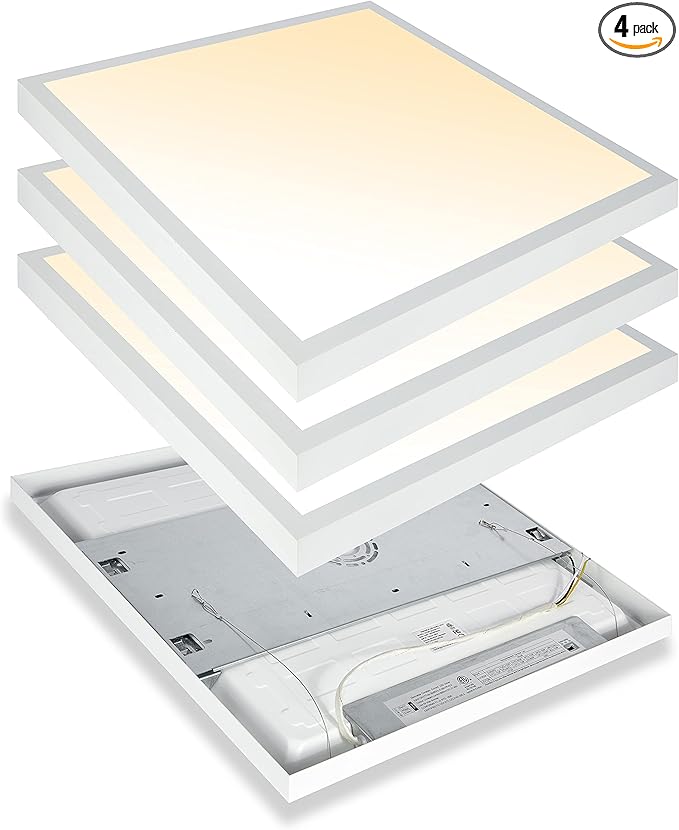 2x2 FT LED Flat Panel Light Surface Mount Dimmable & 3000K/4000K/5000K in one - 40W 24x24 inch Backlit Flush Mount Ceiling Fixture, Bright 4400LM, 100-277V, ETL Listed, 4-Pack