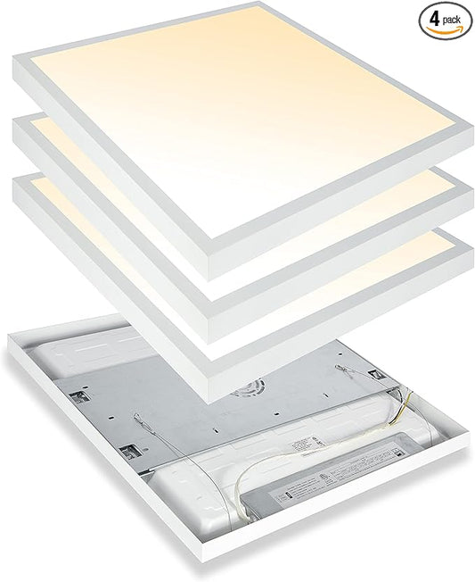 2x2 FT LED Flat Panel Light Surface Mount Dimmable & 3000K/4000K/5000K in one - 40W 24x24 inch Backlit Flush Mount Ceiling Fixture, Bright 4400LM, 100-277V, ETL Listed, 4-Pack