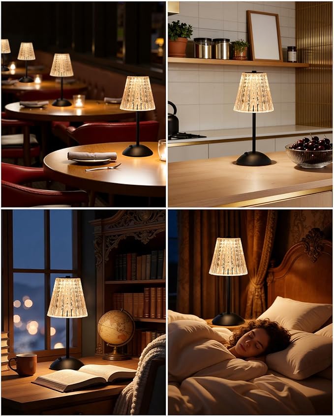 Nusogon Rechargeable Cordless Table Lamp, Touch Control Crystal Desk Lamp with 3500mAh Battery, 3 Color Dimmable LED Small Lamp for Bedroom Bedside Restaurant Kitchen Home Decor, Black