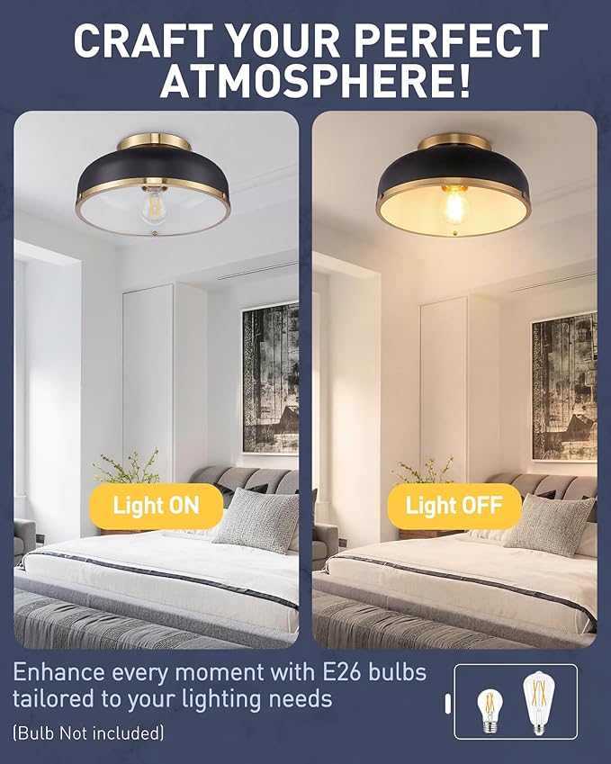 kudos 12 Inch Semi Flush Mount Ceiling Light, 1-Light Drum Ceiling Light, Black Ceiling Light Flush Mount, Bedroom Ceiling Light for E26 Base Hallway Kitchen, KDCL15-BKE