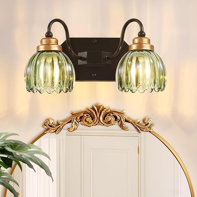 Vintage Bathroom Vanity Light, 2 Light Bathroom Lighting Fixtures Over Mirror, Mid Century Style Farmhouse Light Fixtures with Green Glass Shades, Black Finish Wall Mount for Bedroom , Living Room