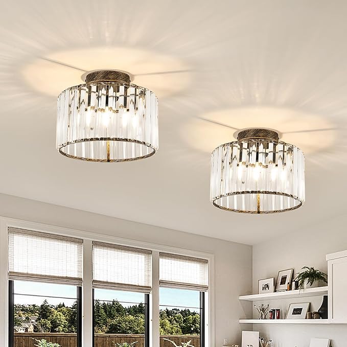 CVKASH 2 Pack Bronze Crystal Semi Flush Mount Ceiling Light Vintage Mini Ceiling Light Fixture Metal Close to Ceiling Lamp for Hallway Kitchen Living Room Bathroom Entryway Bedroom Closet