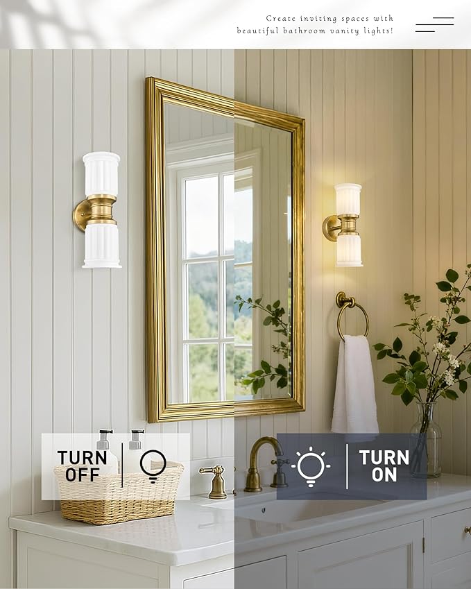 Gold Sconce Wall Lighting, HWH Indoor Bathroom Sconces with Frosted White Bell-Shaped Glass, Up and Down Vanity Lights Fixtures for Bathroom, Gold Finish, 5HZG106B-2W BG-ML