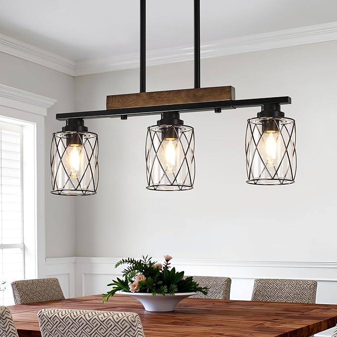 3-Light Dining Room Light Fixture/Chandelier Over Table, Island Lighting Hanging for Farmhouse Linear Chandeliers Matte Black Rustic Wood Ceiling Pendant Light Fixtures, with Clear Glass Shade