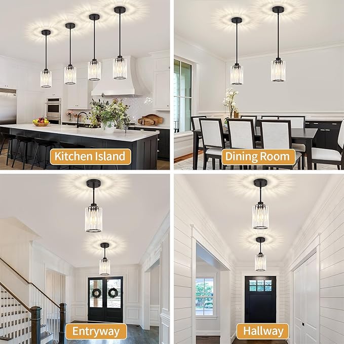 3 Pack Black Pendant Lights Kitchen Island, Modern Crystal Kitchen Pendant Lighting Over Island, Adjustable Hanging Bathroom Light Fixtures Mini Pendant Light for Dining Room Hallway Entryway Foyer