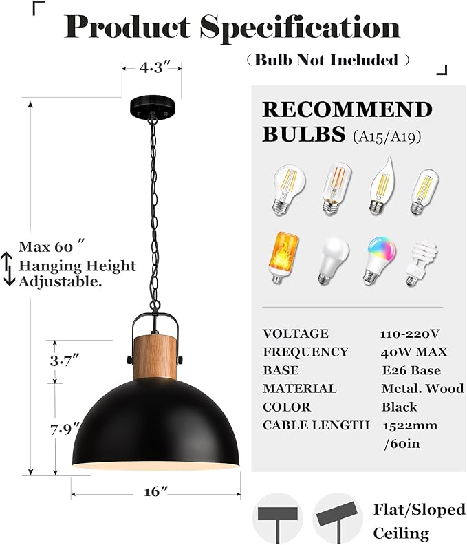 ELYONA Dome Pendant Light 16" Vintage Chandeliers Rubber Wood & Black Metal Hanging Lamp Adjustable Industrial Large Pendant Light Fixtures for Kitchen Island Farmhouse Dining Living Room Hallway