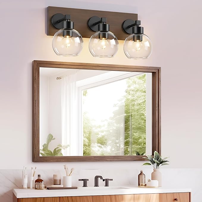 Farmhouse Bathroom Vanity Light Fixtures, Bathroom Light Fixtures Over Mirror,3-Light Rustic Black Wood Wall Sconces, Vintage Vanity Light for Bathroom with Clear Glass Shade (Black, 3-Light)