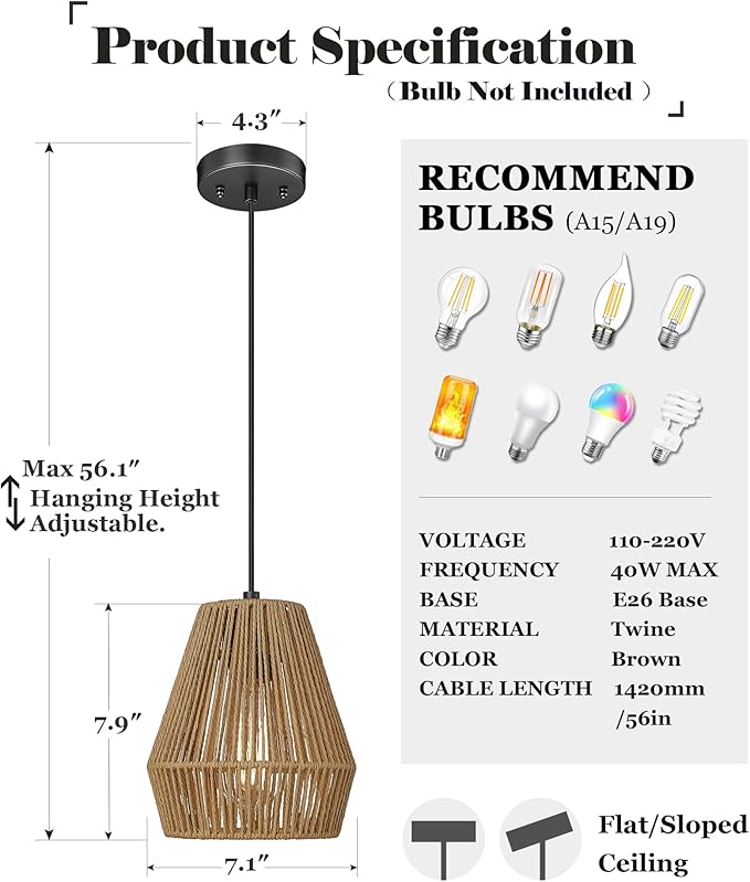 ELYONA 3 Pack Woven Pendant Lights, 7” Modern Boho Hanging Lamp with Handwoven Woven Rattan Shade, Adjustable Farmhouse Coastal Pendant Light Fixtures for Kitchen Island,Dining Room,Bar, Foyer Hallway