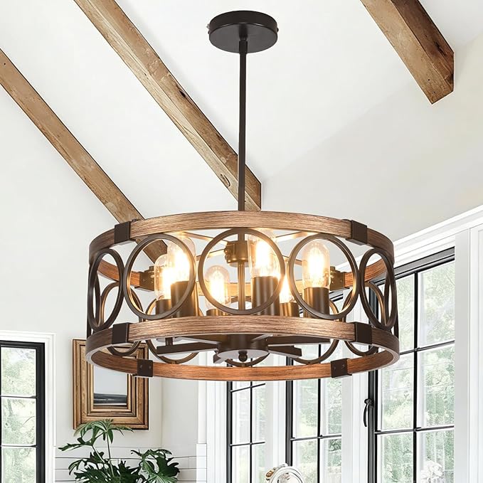 Semi Flush Mount Ceilnig Light,6-Light Farmhouse Chandelier Rustic Light Fixture Ceiling Mount 19.7" Vintage Drum Chandelier for Dining Room Light Fixtures for Kitchen