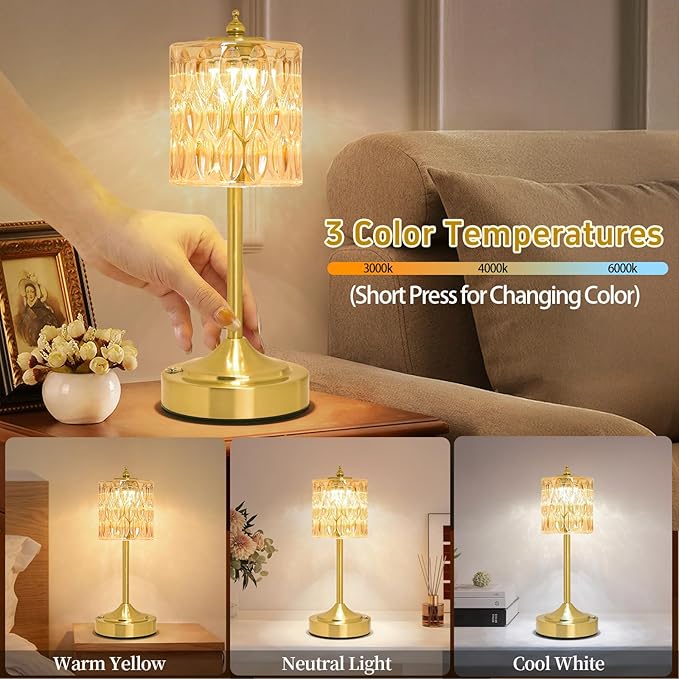 Cordless Crystal Table Lamp, 5200mAh Rechargeable Battery, 3 Color Dimmable Touch Control, Portable Vintage Gold Desk Lamp for Bedroom, Nightstand, Living Room, Home Decor (Amber-2)