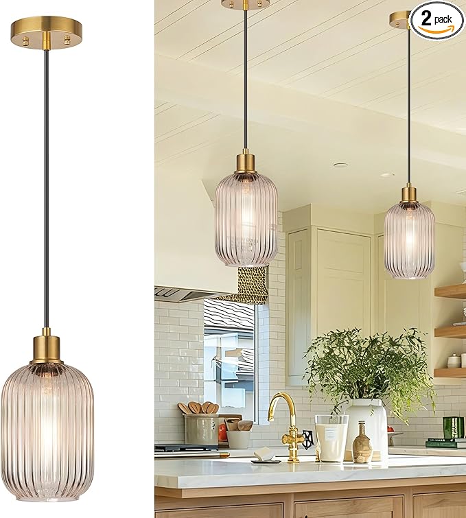 2 Pack Clear Cylinder Pendant Lights Kitchen Island with Ribbed Lampshade, Brushed Gold Hanging Light Fixture, Adjustable Pendant Lighting for Kitchen Island Sink Dining Room (Bulbs Not Included)