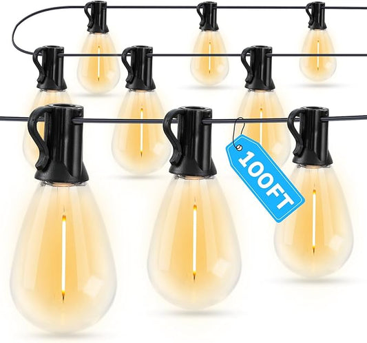 GvvooHome LED Outdoor String Lights, 100FT Waterproof Patio Lights with 32 Shatterproof S11 Plastic Bulbs, 2700K Warm White Edison Hanging Lights for Backyard, Garden, Porch, Bistro