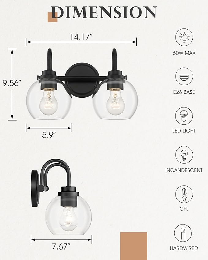 2-Light Bathroom Vanity Light Over Mirror, Matte Black Vanity Light with Clear Glass Shade, Bathroom Light Fixtures Wall Mount for Powder Room Bath, AD-22280-2W-BK