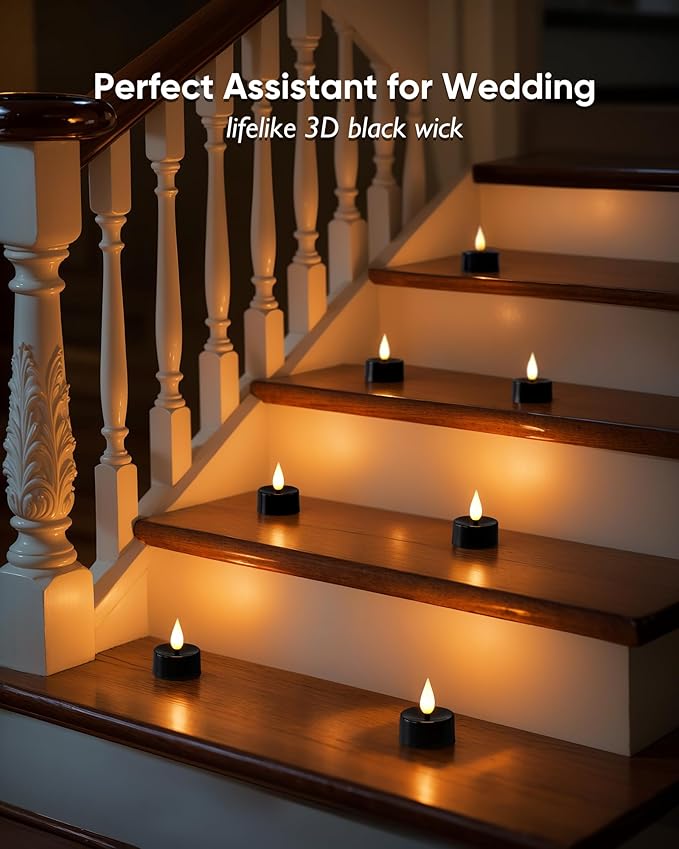 Amagic Flameless Black Timer Remote Tealights Candles, 3D Black Wick Flickering Tea Lights, 300+Hour Colored Votive Candles Battery Operated, Set of 24 for Table Decorations, Pumpkin, Halloween, Party
