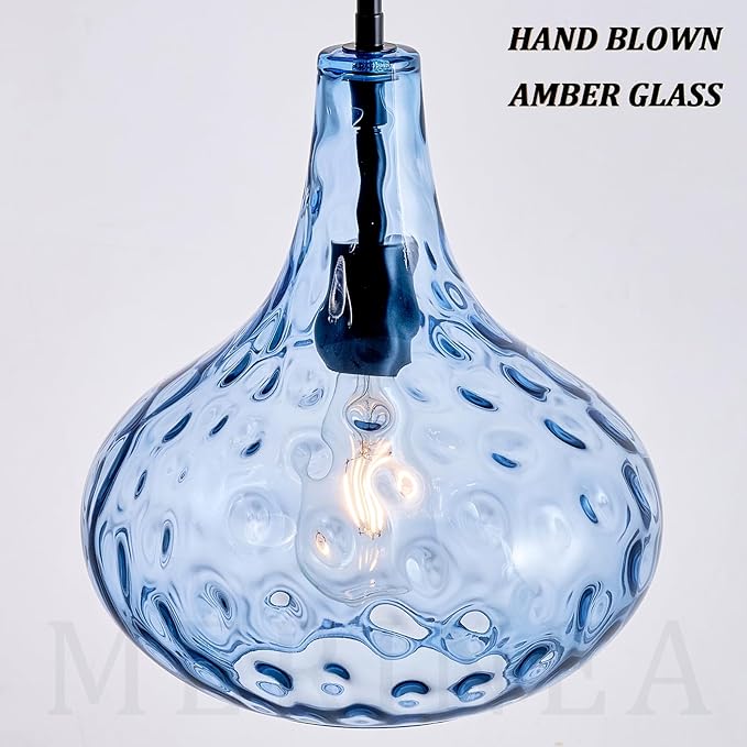 11" Hand-Blown Blue Glass Pendant Light, Hammered Glass Shade with Black Finish, Adjustable Modern Hanging Light Fixture for Kitchen Island, Dining Room, Hallway, Living Room