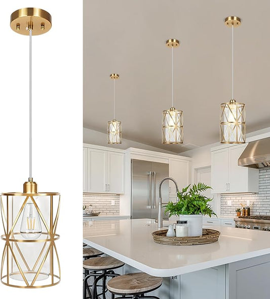 Brushed Gold Pendant Light, 5.4"×7.9" Dual-Shade Kitchen Island Lighting with Clear Glass Shade, E26 Adjustable Height 1"-61", UL Listed, for Dining Room Foyer Entryway — Bulbs Not Included