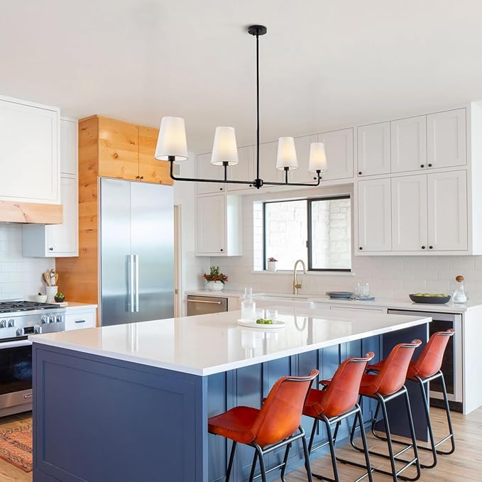 Black Linear Chandelier Modern Farmhouse Kitchen Island Light Fixture Classic 4 Light Chandeliers with White Linen Shades Over Dining Table