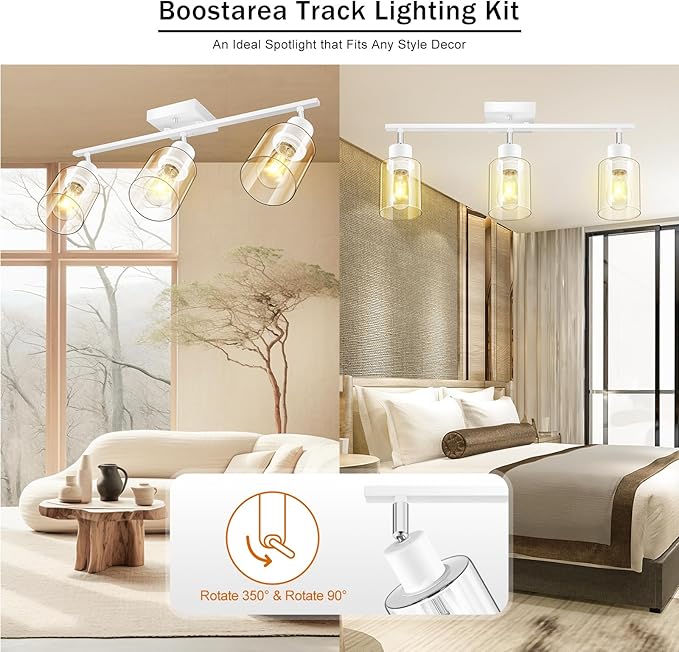 BoostArea White LED 3 Light Track Lighting Kit, 3 Way Ceiling Spot Lighting with Glass Lampshade, Flexibly Rotatable Light Head for Kitchen, Living Room, Bedroom, Bulb Not Included