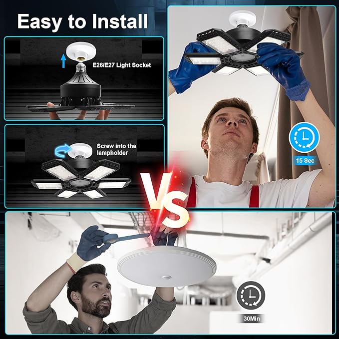 6 Pack Garage Lights, 28000LM Super Bright LED Shop Lights with 6+1 Deformable Panels, 6500K Garage Light Ceiling Led, E26 Socket Screw in Bulb for Warehouse, Workshop, Basement, Attic