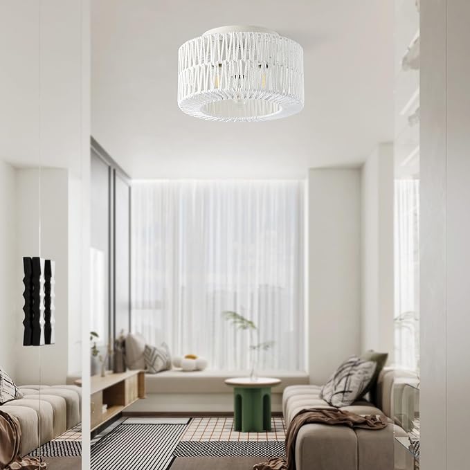 12.6”Rattan Flush Mount Ceiling Light Fixtures, 3-Light Boho Light Fixture Rattan Hand-Woven Chandelier Close to Ceiling Light Fixture for Bedroom Hallway Kitchen Dining Room Nursery(White)