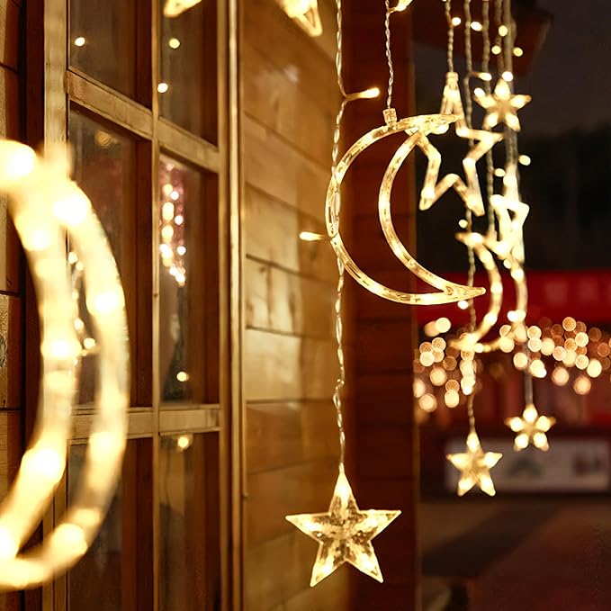 Moon and Stars Decor Curtain Lights, 11.5ft String Lights for Bedroom, Christmas, Ramadan Decor, Indoor LED Fairy Twinkle Light, Battery Operated or USB Plug-in (Warm Yellow + Remote)