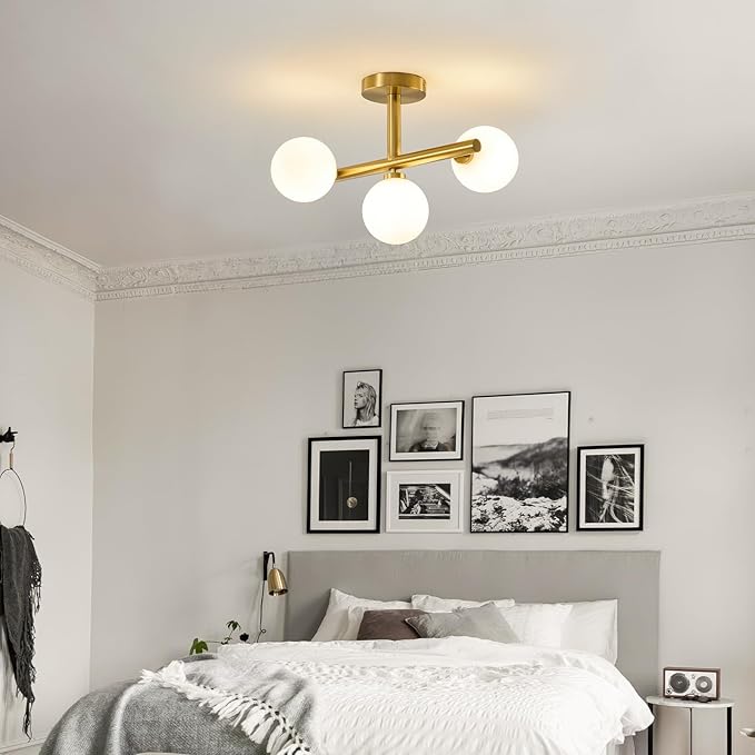 Globe Milk Glass Ceiling Light: Gold 3 Lights Sputnik Chandelier - Linear Mid Century Modern Semi Flush Mount Ceiling Light - 13 Inch Brass Lighting Fixture with Sphere Shade for Bedroom Living Room