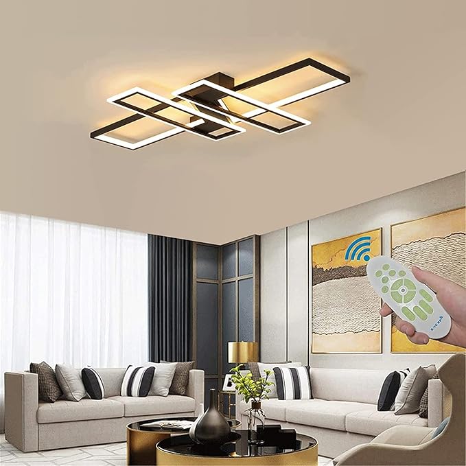 SMG Modern LED Ceiling Lights Fixture for Bedroom, 35" Remote Control Dimmable Led Chandelier, Flush Mount Square Design Ceiling Lamp for Kitchen Living Room White